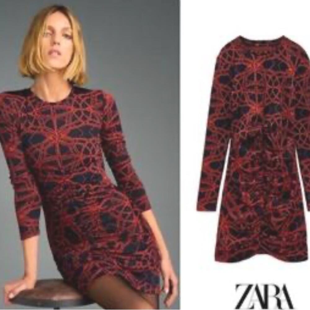 ZARA Ruched Front Bodycon Mini Dress – Black & Red – Size S Long Sleeve Bodycon